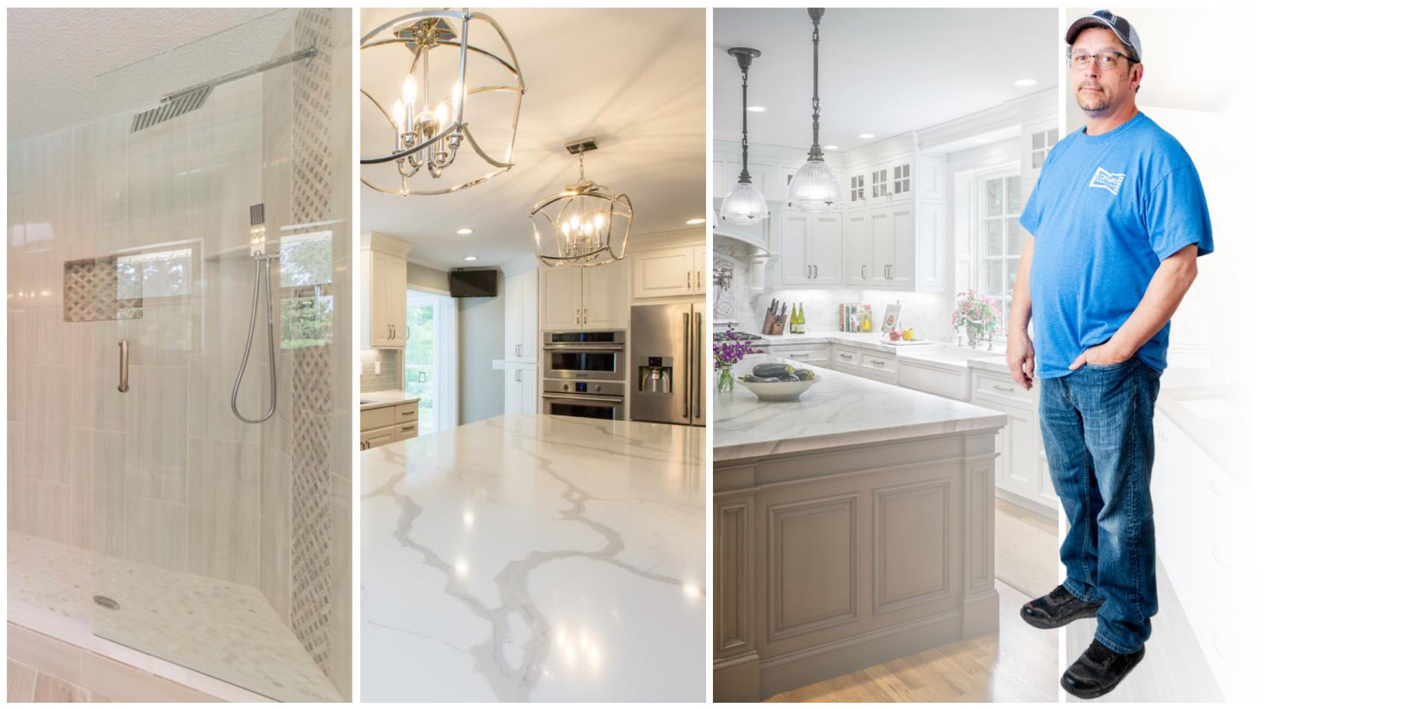 Owner Johnny Miller standing with three images. One is a bathroom, another is a living room, and the other is a kitchen.